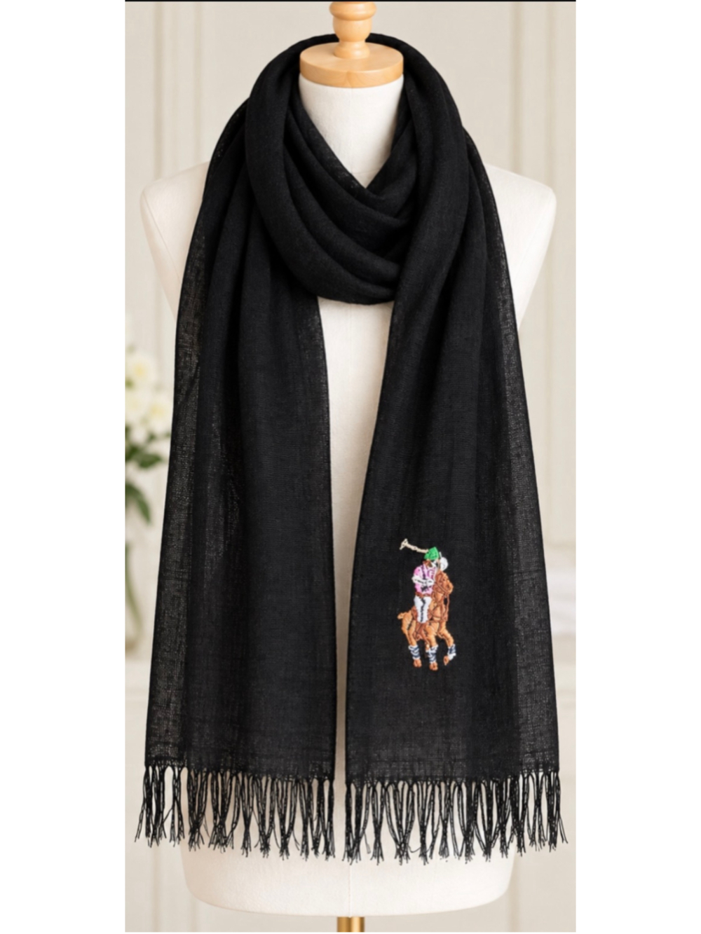 Polo Ralph Lauren Black Scarf One Size Cotton linen Big Pony New w tags